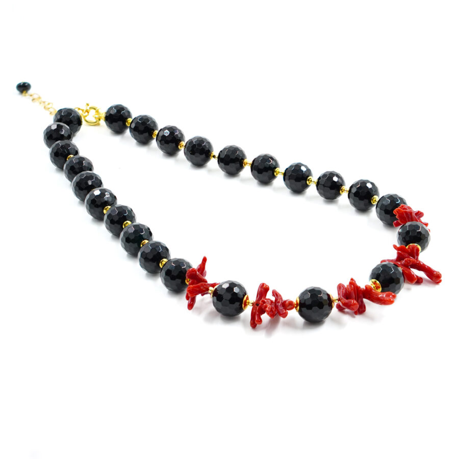 Collana con agata nera, corallo, ematite, chiusura in argento - Dorato - immagine 2