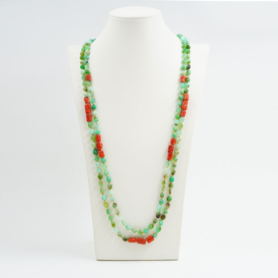Collana con crisoprasio, corallo, ematite, chiusura in argento - Dorato - immagine 2
