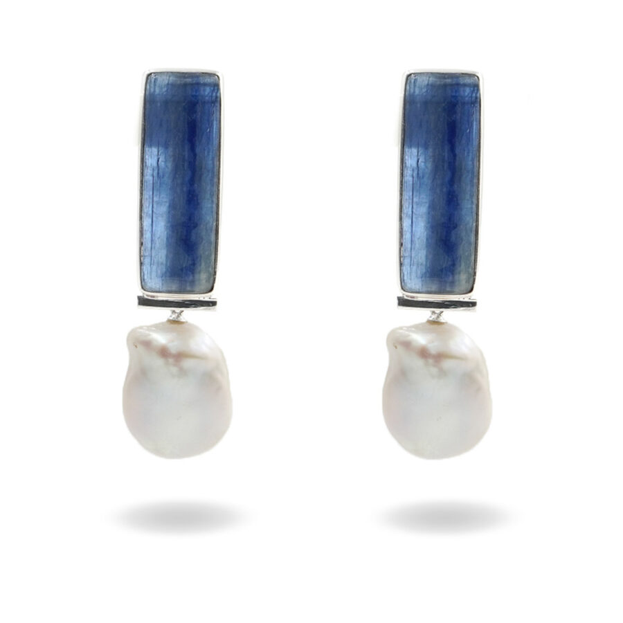 Orecchini in argento con cianite e perle barocche - Rodiato
