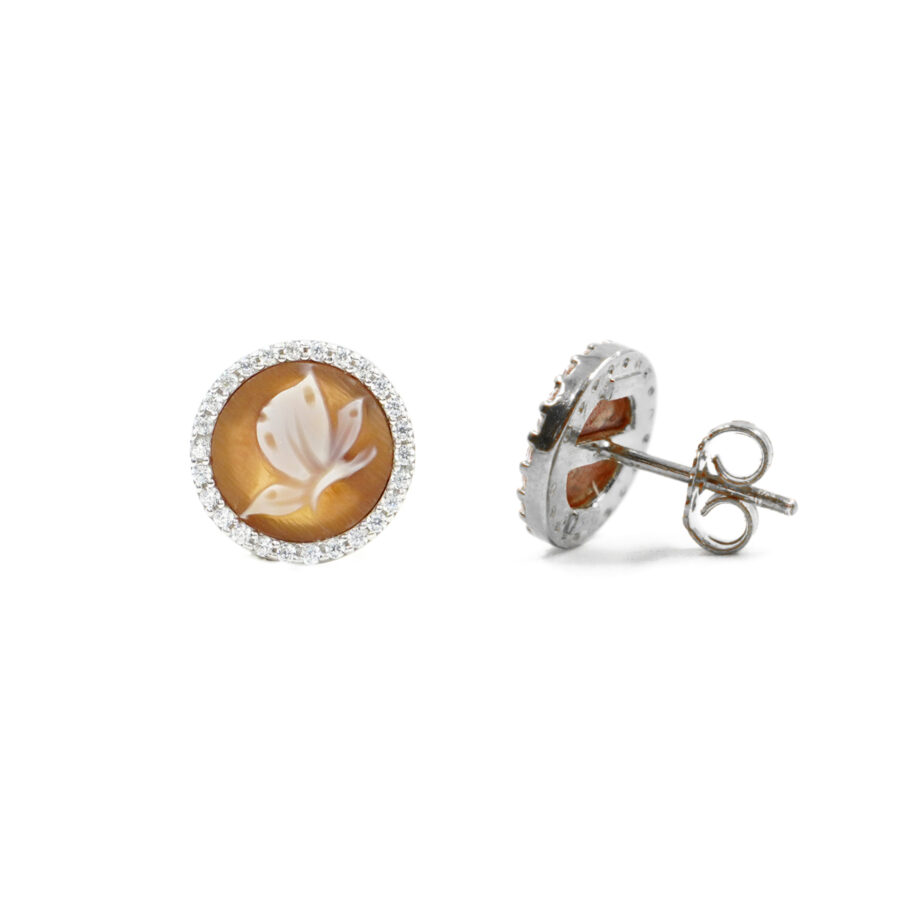 Orecchini in Argento cammeo tondo 12mm con farfalla e zirconi bianchi – Rodiato - immagine 2