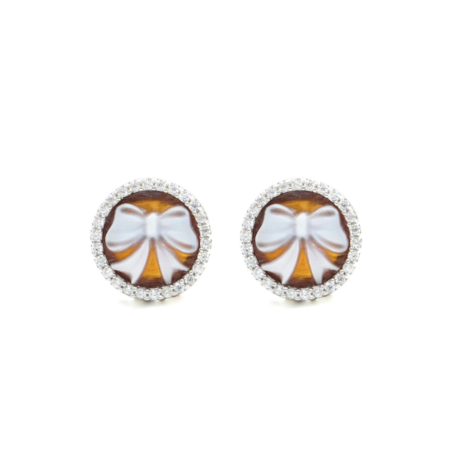 Orecchini in Argento cammeo tondo 12mm con fiocco e zirconi bianchi – Rodiato