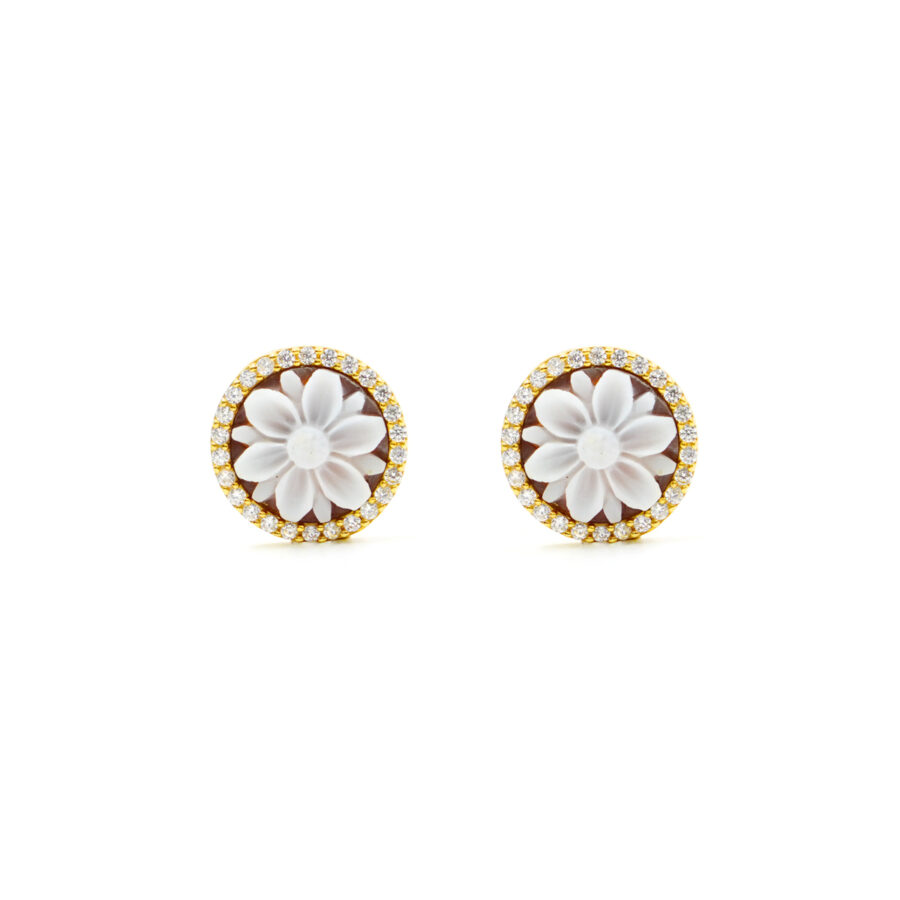 Orecchini in Argento cammeo tondo 12mm con fiore e zirconi bianchi – Dorato