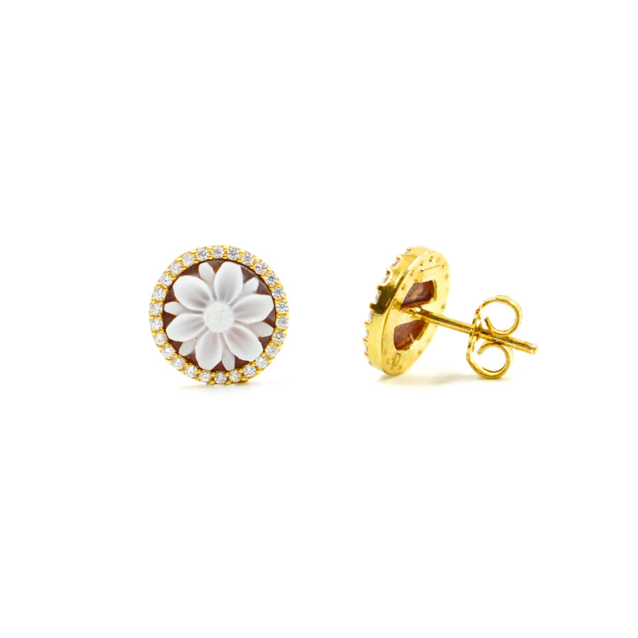 Orecchini in Argento cammeo tondo 12mm con fiore e zirconi bianchi – Dorato - immagine 2