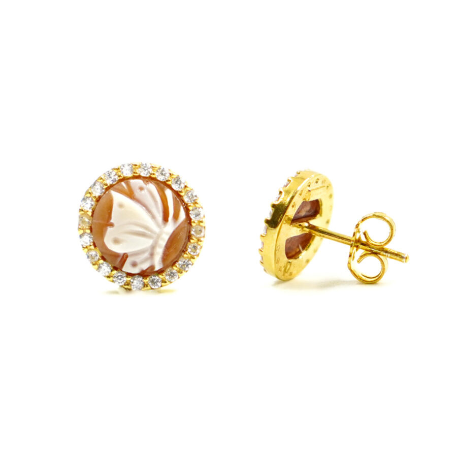 Orecchini in Argento cammeo tondo 12mm con farfalla e zirconi bianchi – Dorato - immagine 2