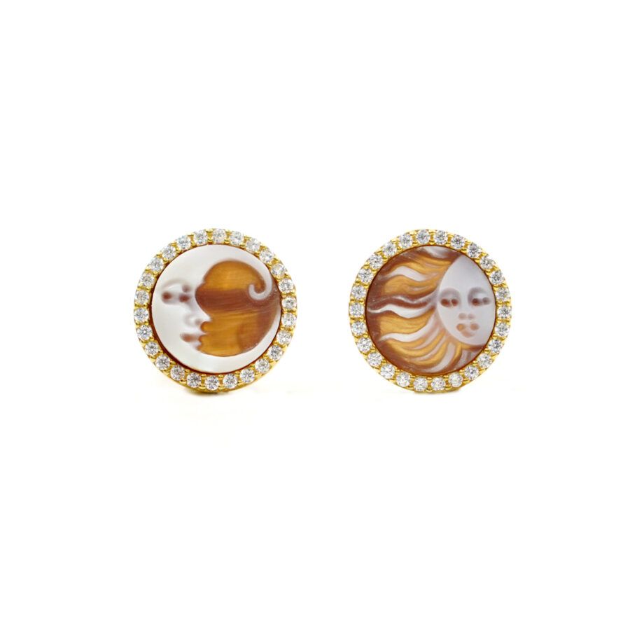 Orecchini in Argento cammeo tondo 12mm con Sole e Luna e zirconi bianchi – Dorato