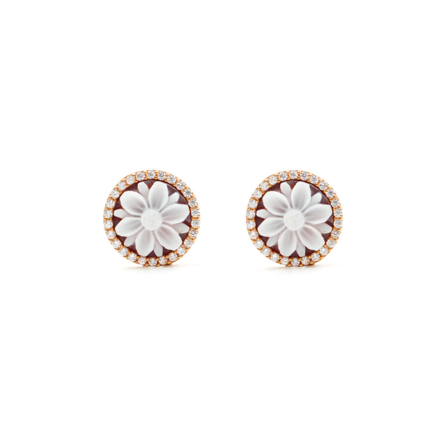 Orecchini in Argento cammeo tondo 12mm con fiore e zirconi bianchi – Rose'