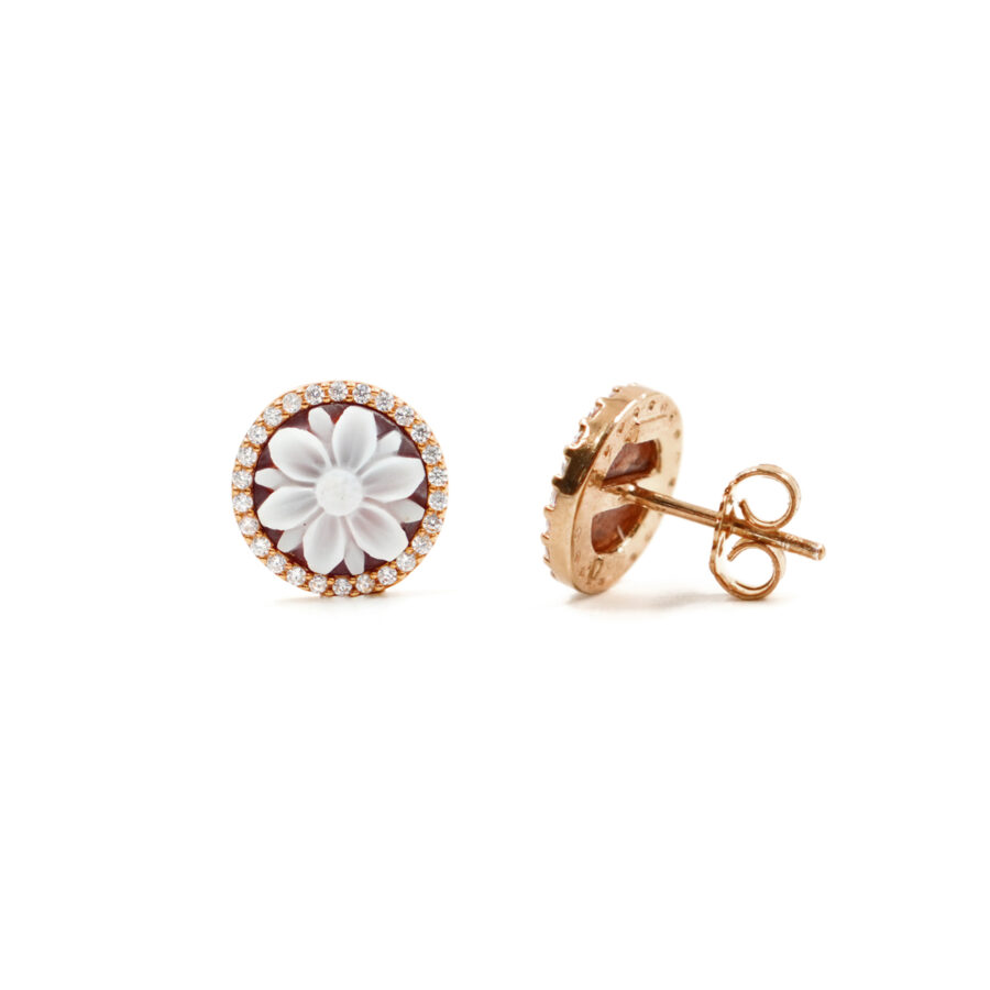 Orecchini in Argento cammeo tondo 12mm con fiore e zirconi bianchi – Rose' - immagine 2