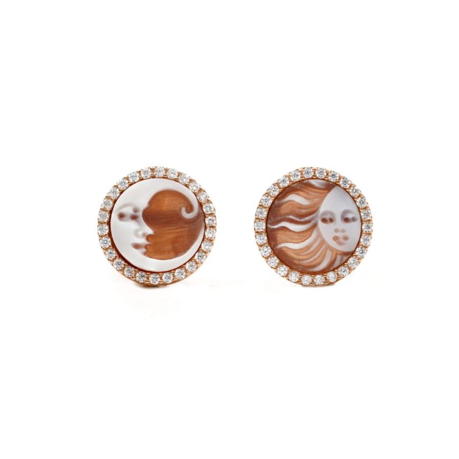 Orecchini in Argento cammeo tondo 12mm con Sole e Luna e zirconi bianchi – Rose'