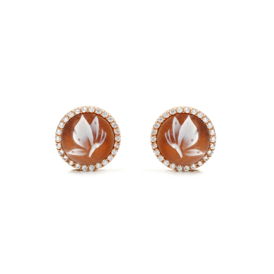 Orecchini in Argento cammeo tondo 12mm con farfalla e zirconi bianchi – Rose'