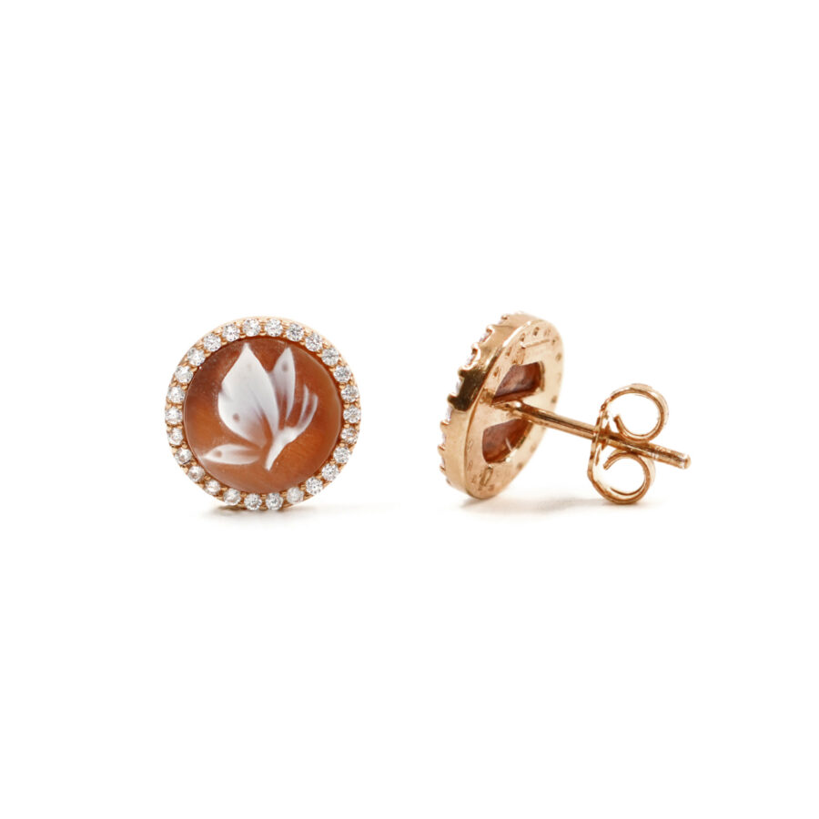 Orecchini in Argento cammeo tondo 12mm con farfalla e zirconi bianchi – Rose' - immagine 2