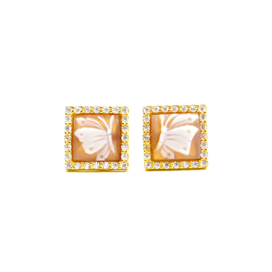 Orecchini in Argento cammeo quadrato 8mm con farfalla e zirconi bianchi – Dorato