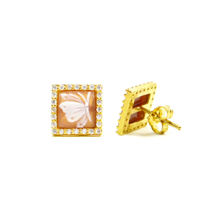 Orecchini in Argento cammeo quadrato 8mm con farfalla e zirconi bianchi – Dorato - immagine 2