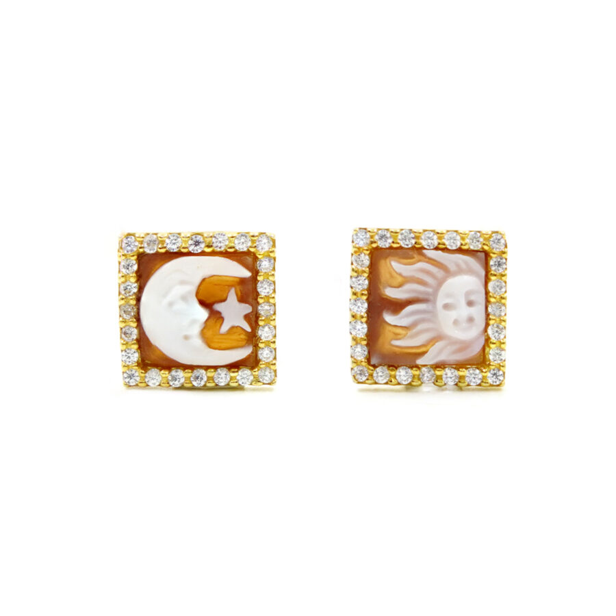 Orecchini in Argento cammeo quadrato 8mm con Sole e Luna e zirconi bianchi – Dorato