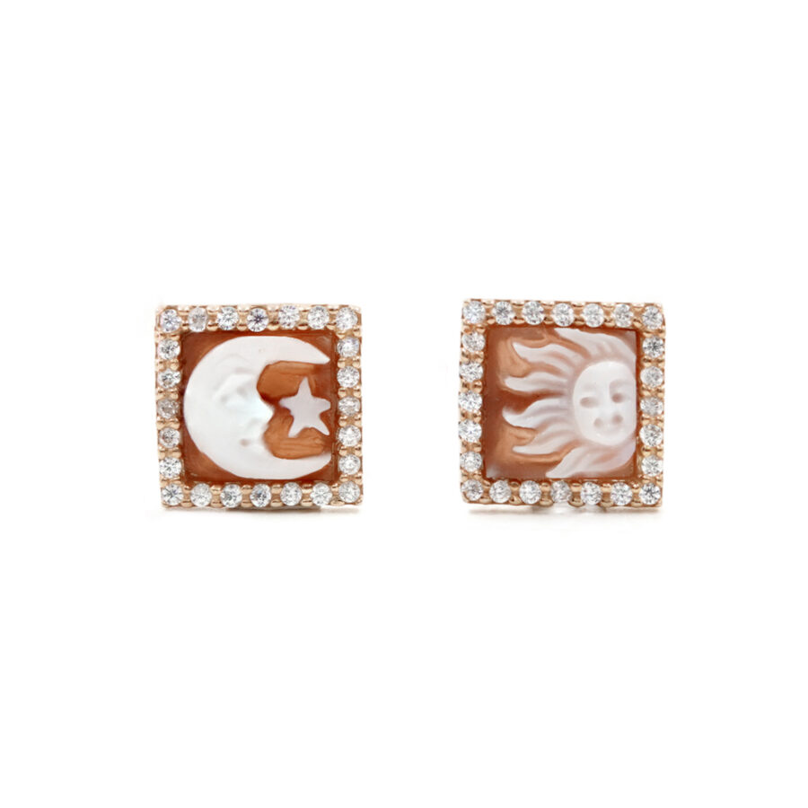 Orecchini in Argento cammeo quadrato 8mm con Sole e Luna e zirconi bianchi – Rose'