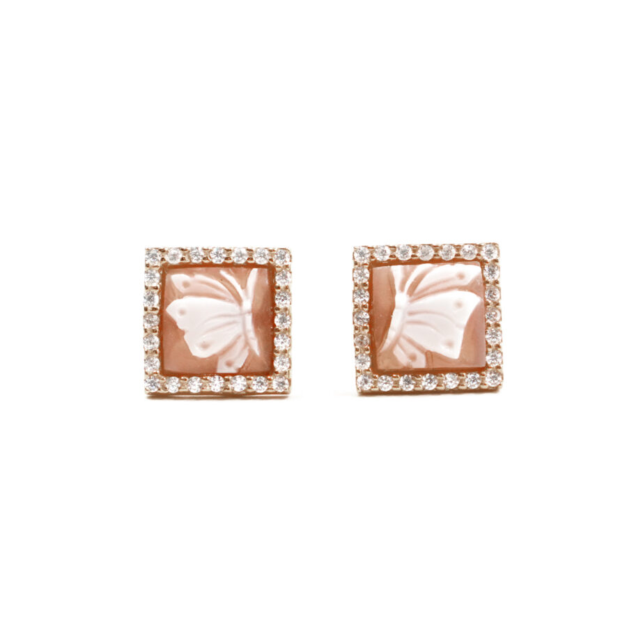 Orecchini in Argento cammeo quadrato 8mm con farfalla e zirconi bianchi – Rose'