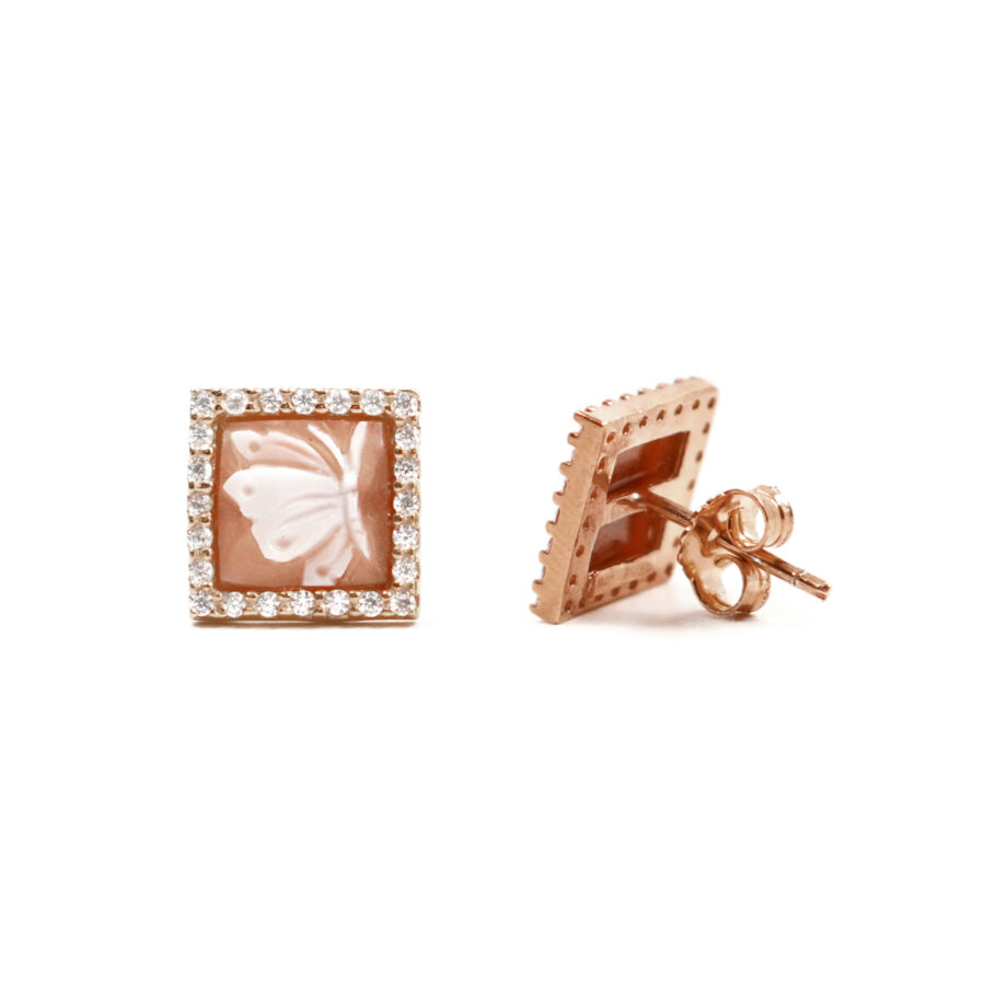 Orecchini in Argento cammeo quadrato 8mm con farfalla e zirconi bianchi – Rose' - immagine 2