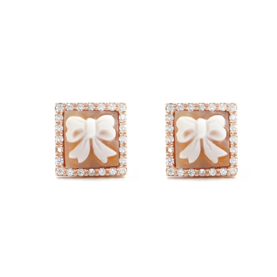 Orecchini in Argento cammeo quadrato 8mm con fiocco e zirconi bianchi – Rose'