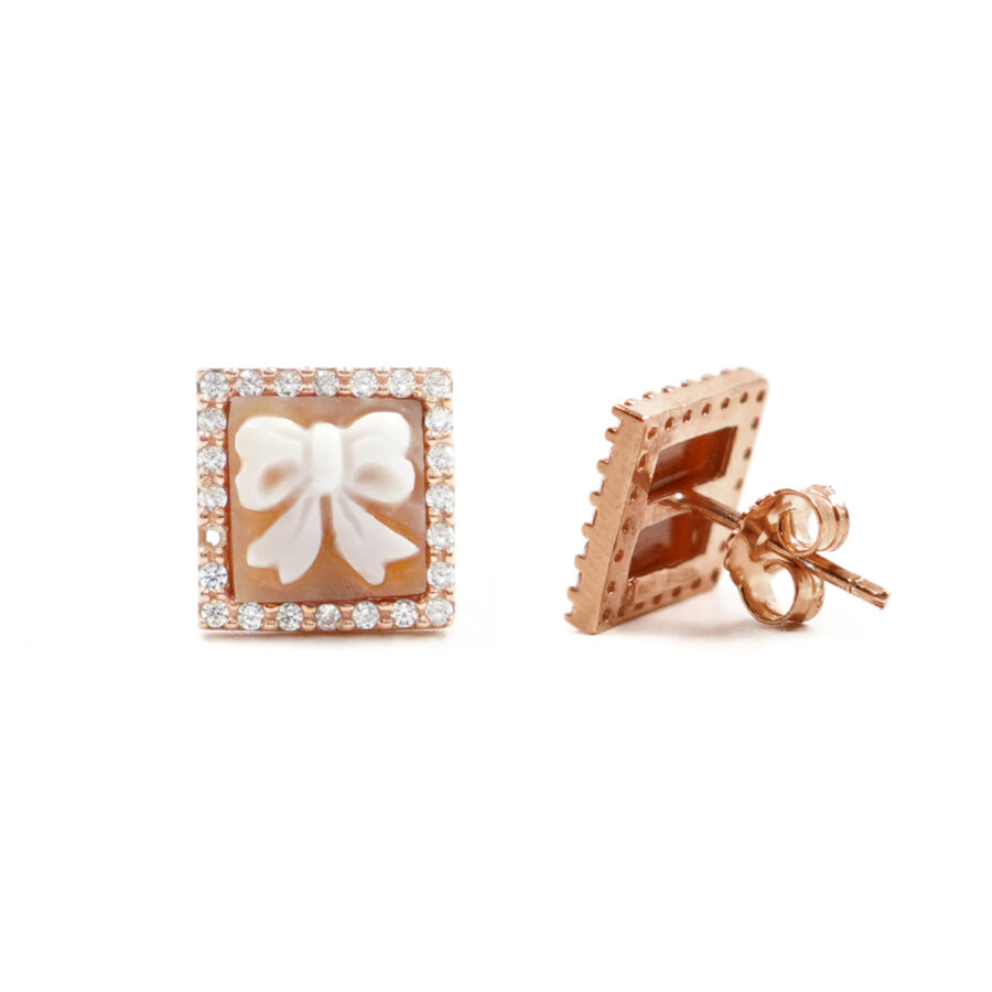 Orecchini in Argento cammeo quadrato 8mm con fiocco e zirconi bianchi – Rose' - immagine 2