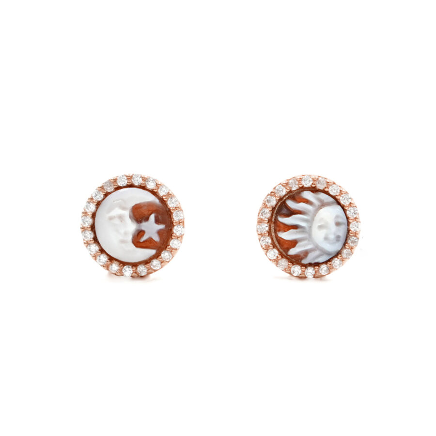 Orecchini in Argento cammeo tondo 8mm con Sole e Luna e zirconi bianchi – Rose'