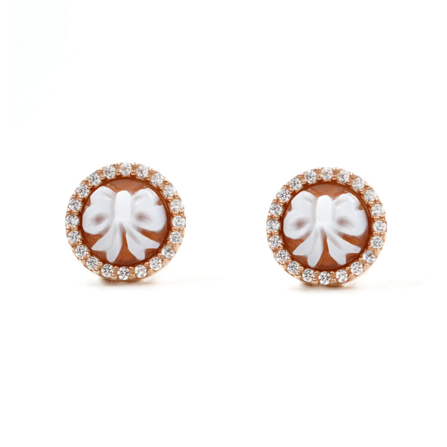 Orecchini in Argento cammeo tondo 8mm con fiocco e zirconi bianchi – Rose'