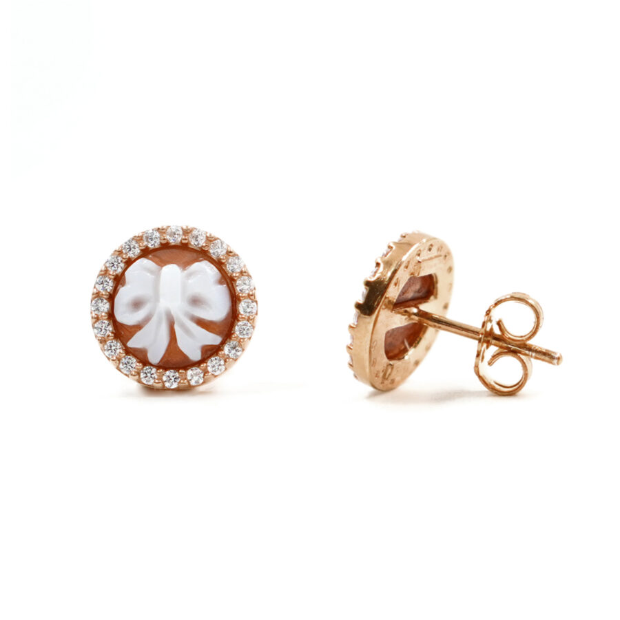 Orecchini in Argento cammeo tondo 8mm con fiocco e zirconi bianchi – Rose' - immagine 2