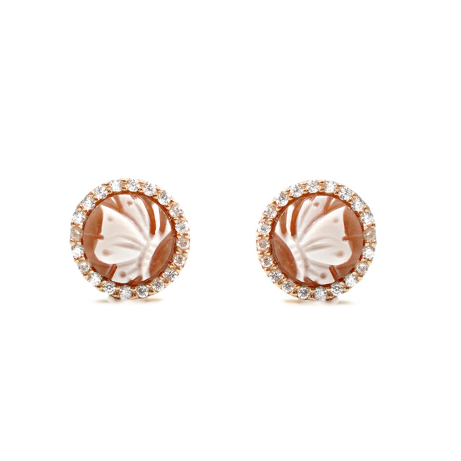 Orecchini in Argento cammeo tondo 8mm con farfalla e zirconi bianchi – Rose'