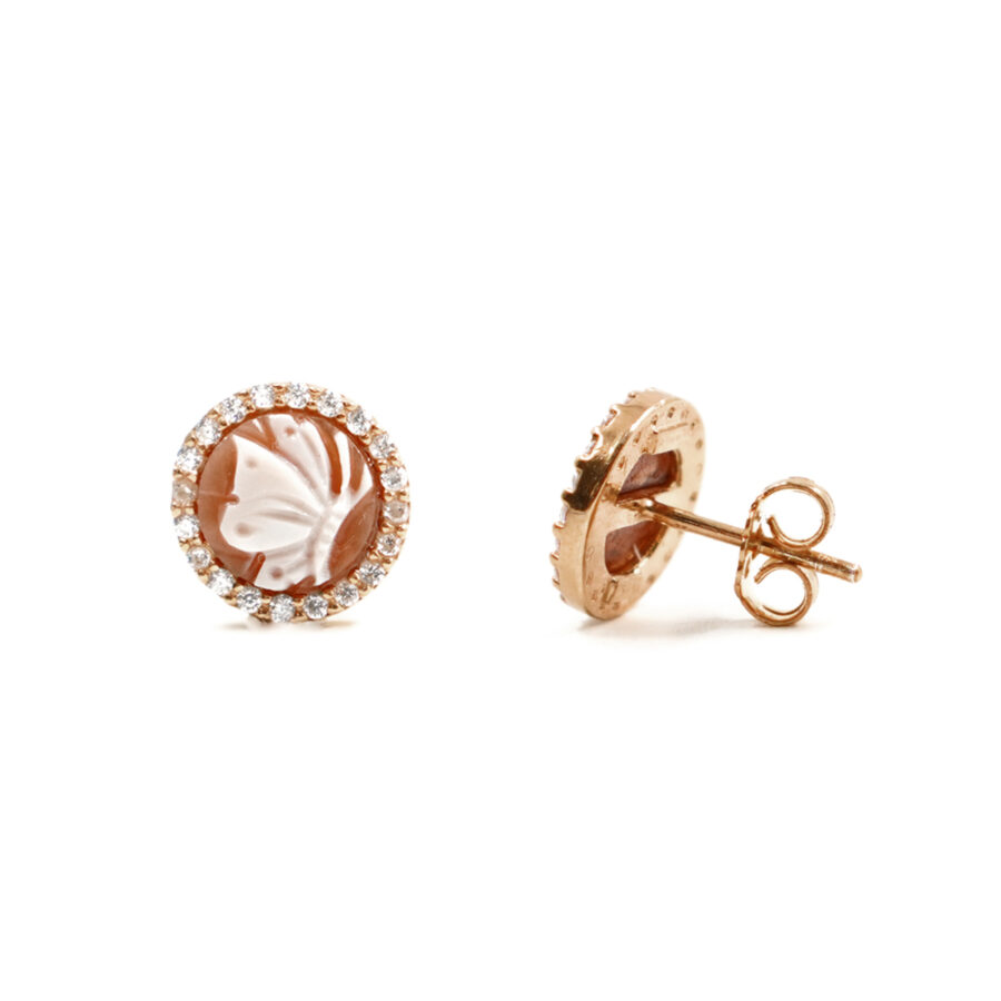 Orecchini in Argento cammeo tondo 8mm con farfalla e zirconi bianchi – Rose' - immagine 2