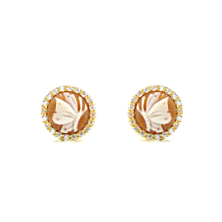 Orecchini in Argento cammeo tondo 8mm con farfalla e zirconi bianchi – Dorato