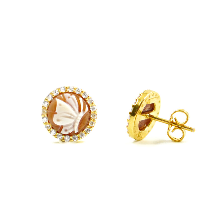 Orecchini in Argento cammeo tondo 8mm con farfalla e zirconi bianchi – Dorato - immagine 2