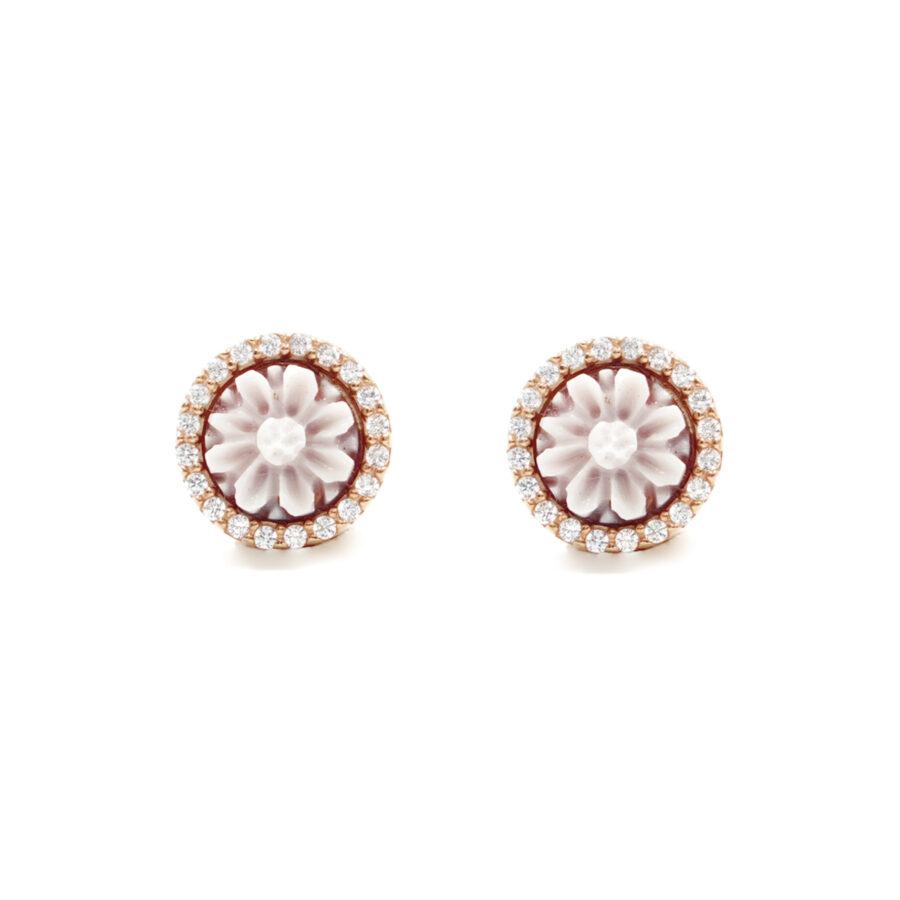 Orecchini in Argento cammeo tondo 8mm con fiocco e zirconi bianchi – Rose'
