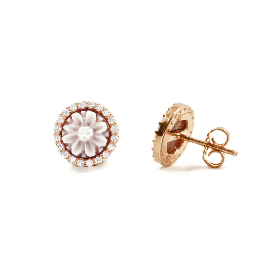 Orecchini in Argento cammeo tondo 8mm con fiocco e zirconi bianchi – Rose' - immagine 2