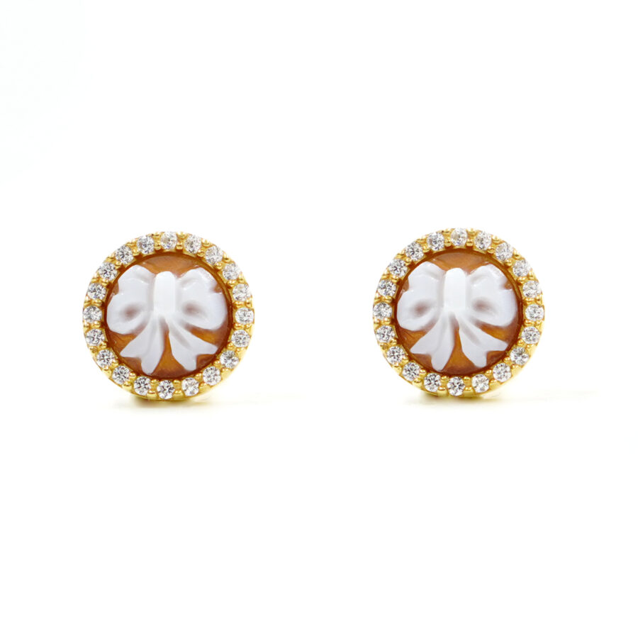 Orecchini in Argento cammeo tondo 8mm con fiocco e zirconi bianchi – Dorato