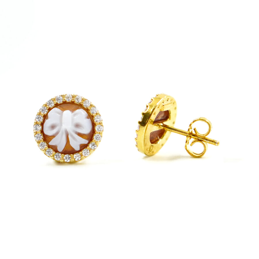 Orecchini in Argento cammeo tondo 8mm con fiocco e zirconi bianchi – Dorato - immagine 2