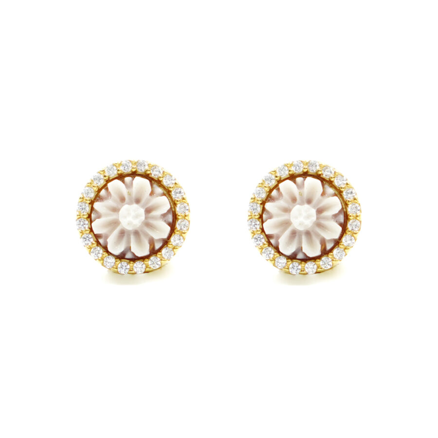 Orecchini in Argento cammeo tondo 8mm con fiore e zirconi bianchi – Dorato