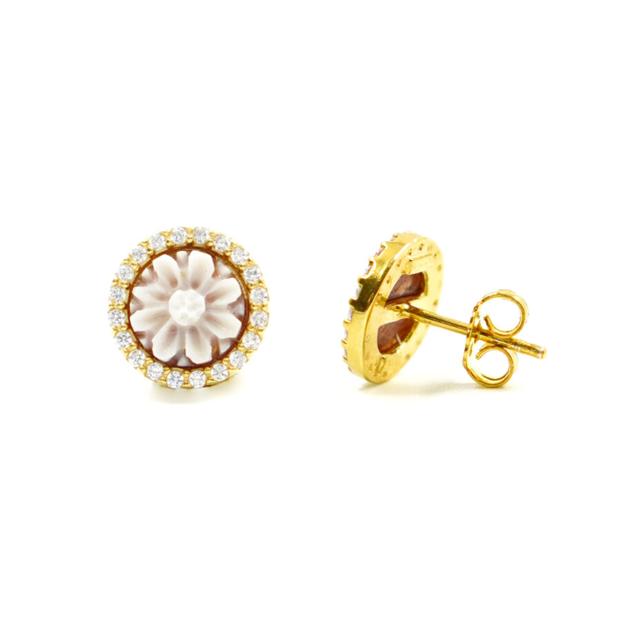 Orecchini in Argento cammeo tondo 8mm con fiore e zirconi bianchi – Dorato - immagine 2