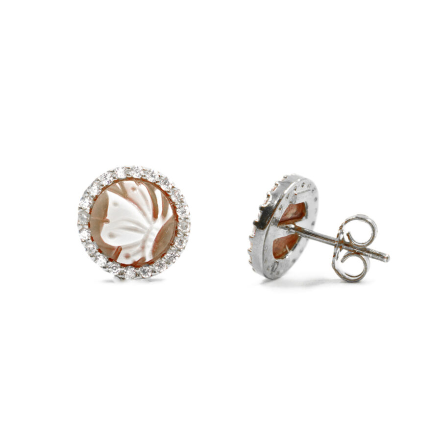 Orecchini in Argento cammeo tondo 8mm con farfalla e zirconi bianchi – Rodiato