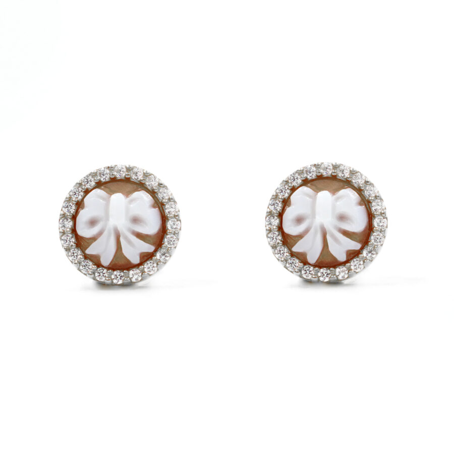Orecchini in Argento cammeo tondo 8mm con fiocco e zirconi bianchi – Rodiato