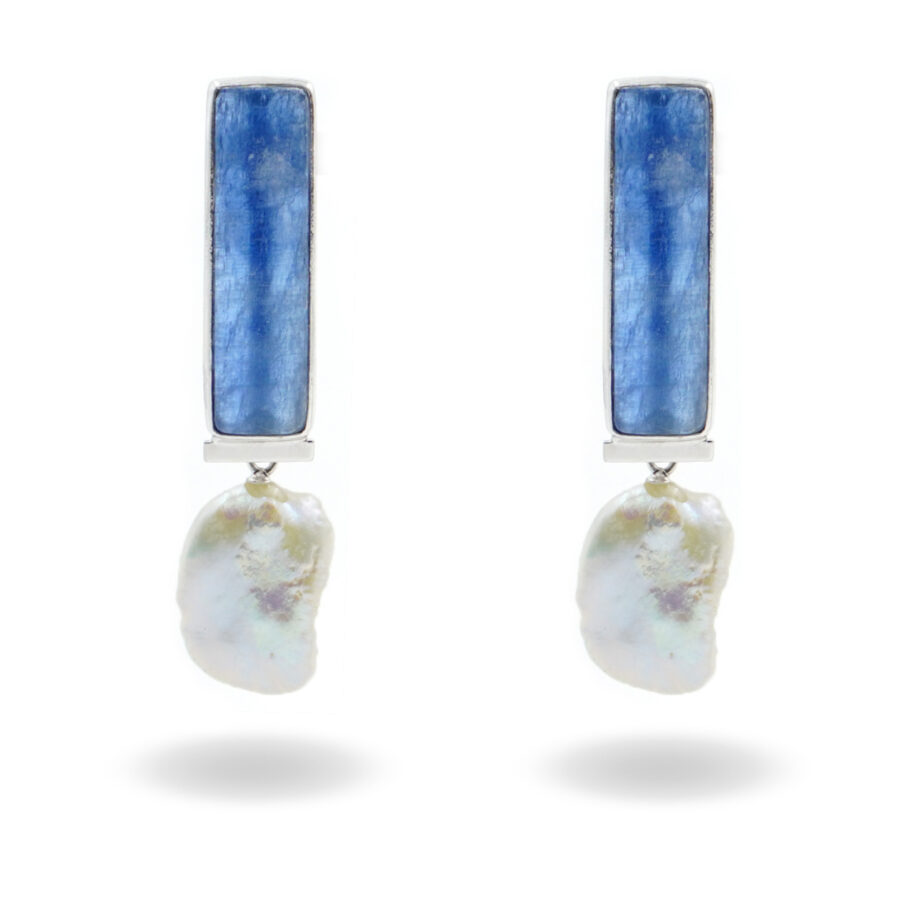Orecchini in argento con cianite e perle barocche - Rodiato