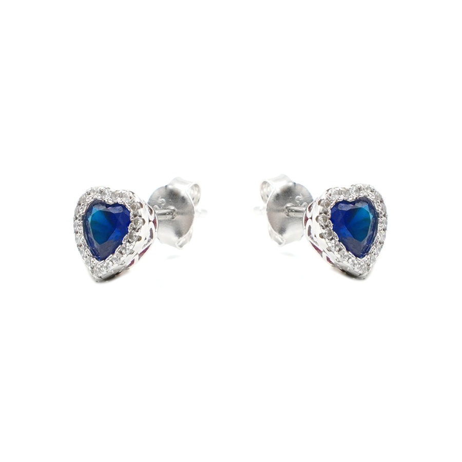 Orecchini in argento con zirconi blu a cuore e bianchi – Rodiato
