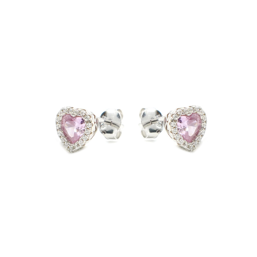 Orecchini in argento con zirconi rosa a cuore e bianchi – Rodiato