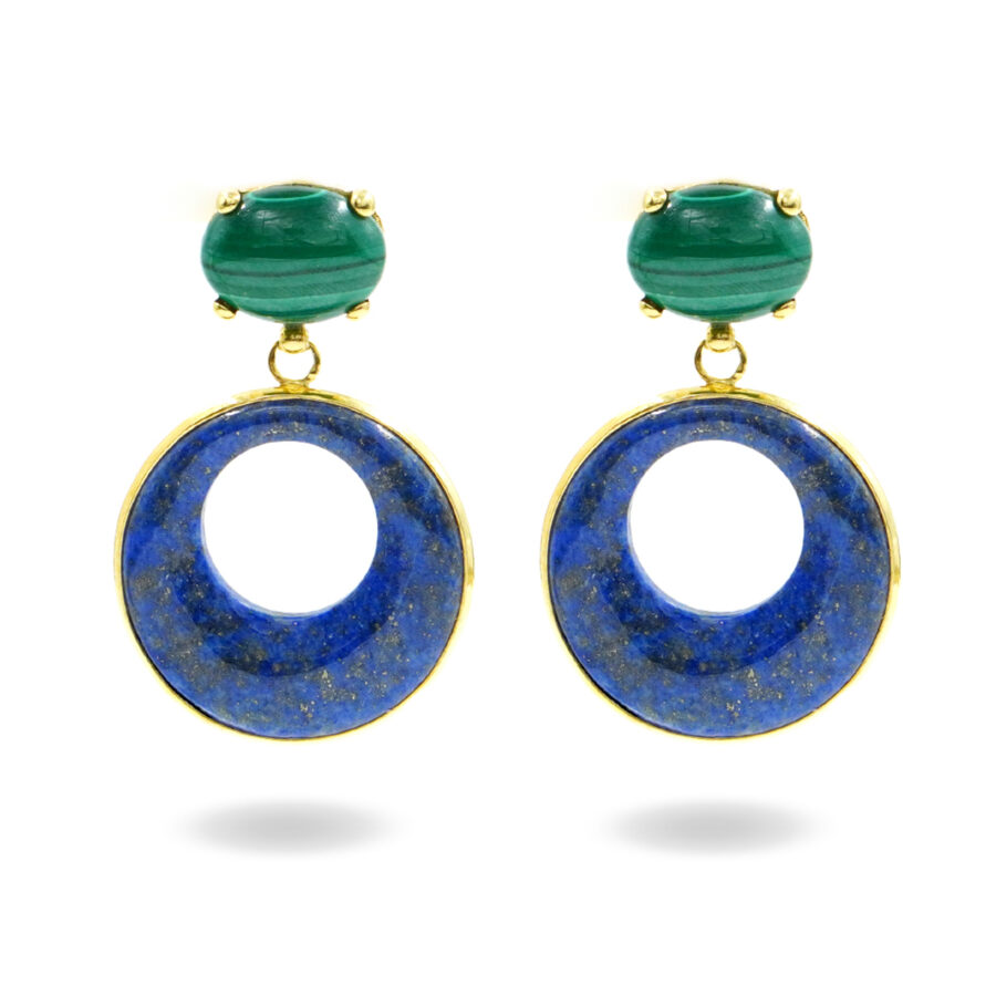 Orecchini in argento con malachite e creole di lapis - Dorato