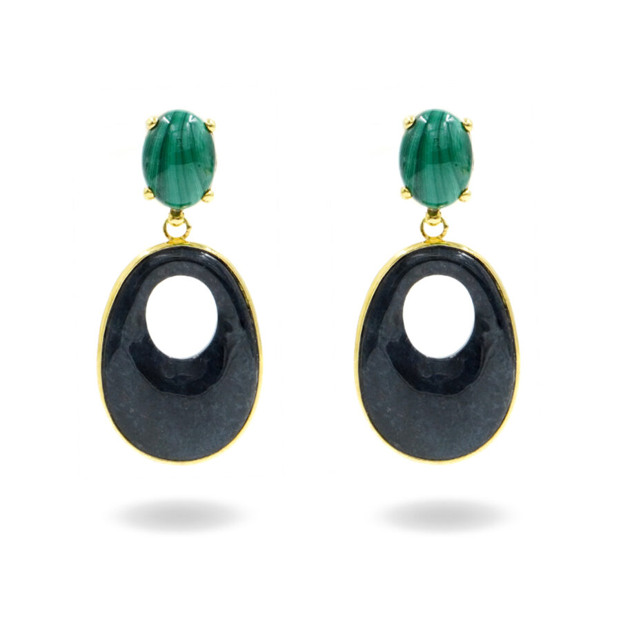 Orecchini in argento con malachite e creole di agata - Dorato