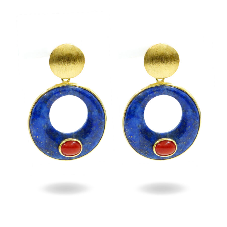Orecchini in argento con corallo e creole di lapis - Dorato