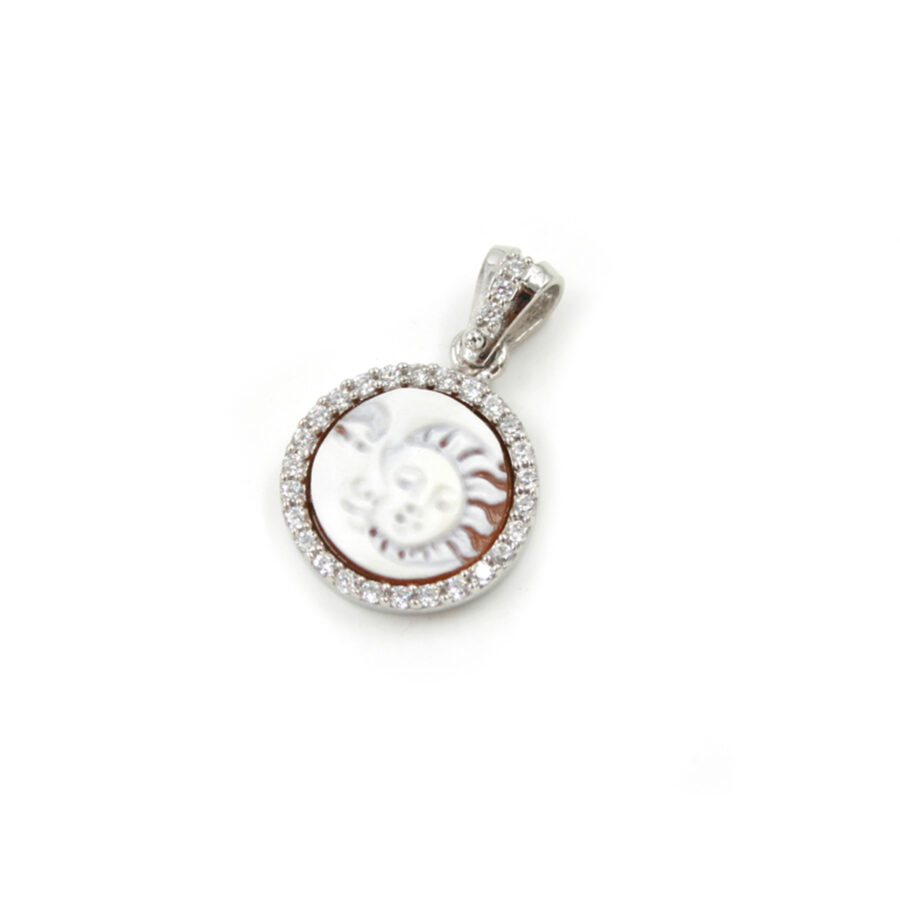 Pendente in argento 925 cammeo tondo 12mm con Sole e Luna e zirconi bianchi – Rodiato