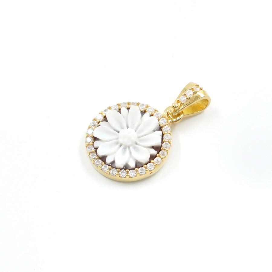 Pendente in argento 925 cammeo tondo 12mm con fiore e zirconi bianchi – Dorato