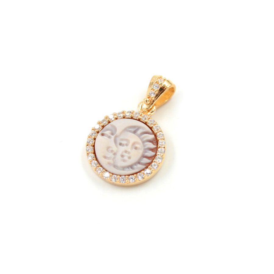 Pendente in argento 925 cammeo tondo 12mm con Sole e Luna e zirconi bianchi – Dorato