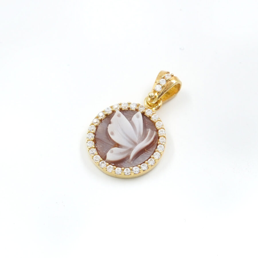 Pendente in argento 925 cammeo tondo 12mm con farfalla e zirconi bianchi – Dorato