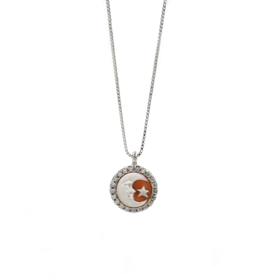 Collana in Argento 925 e cammeo tondo 8mm con Luna e zirconi Bianchi – Rodiato
