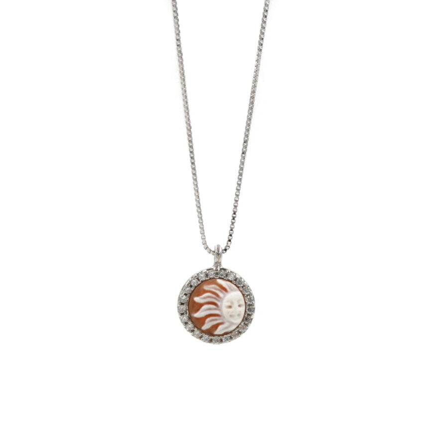 Collana in Argento 925 e cammeo tondo 8mm con Sole e zirconi Bianchi – Rodiato
