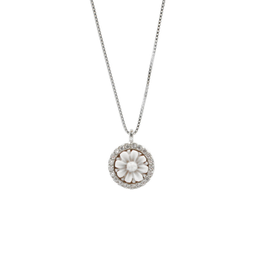 Collana in Argento 925 e cammeo tondo 8mm con Fiore e zirconi Bianchi – Rodiato